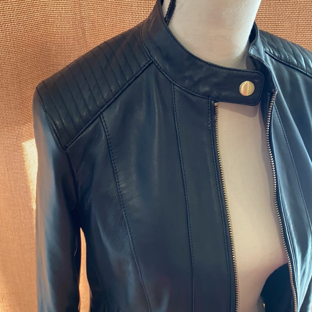 Cole Haan Genuine Leather Racer Jacket with Quilted Panels Sz XS - Picture 2 of 9